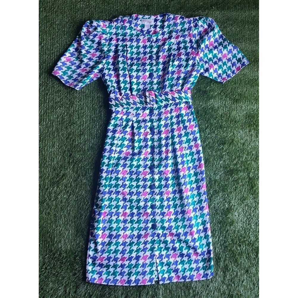 Vintage Papell Boutique Dress 80s Houndstooth Belted Womens Size 6 Purple Pink